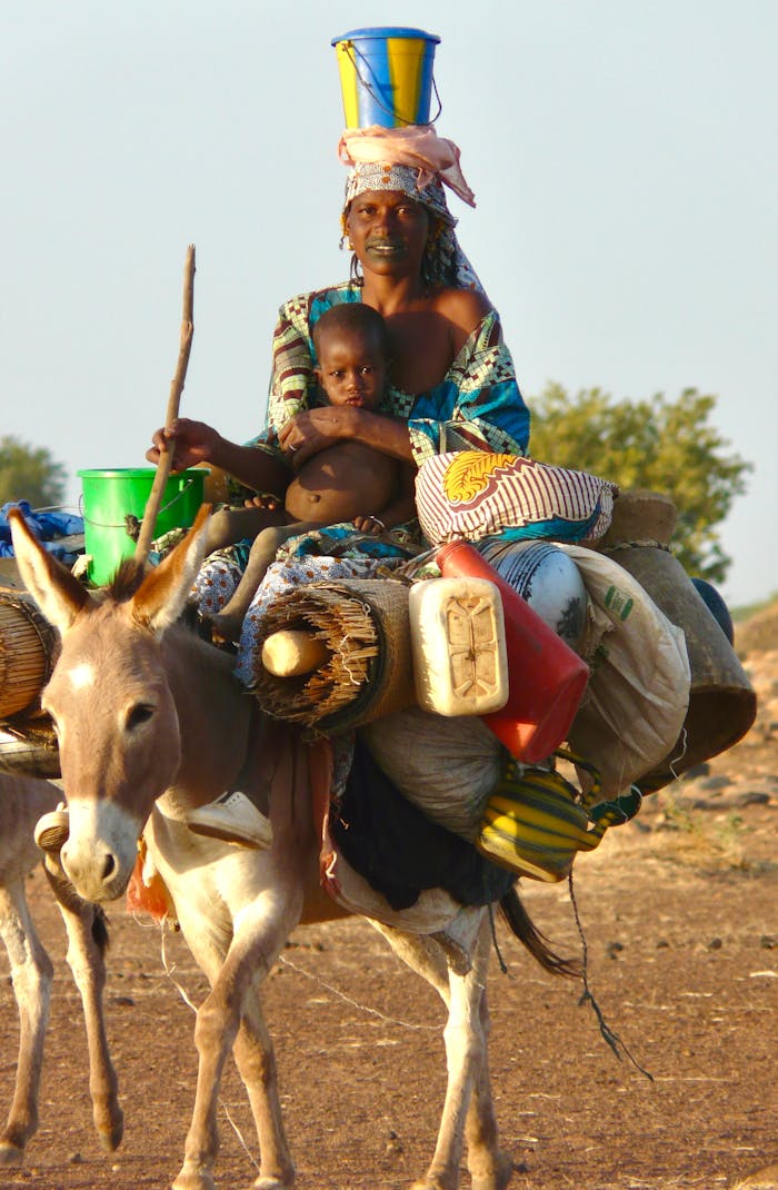 A traditional Malian woman and child journey across arid landscape on a donkey.